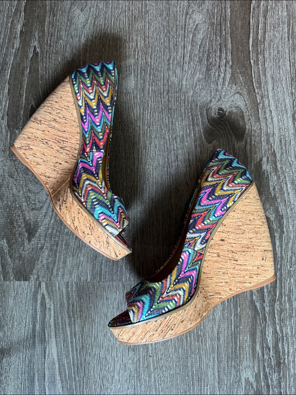Nine West Multicolor Chevron Peep-Toe Wedge Pumps - Picture 3 of 13